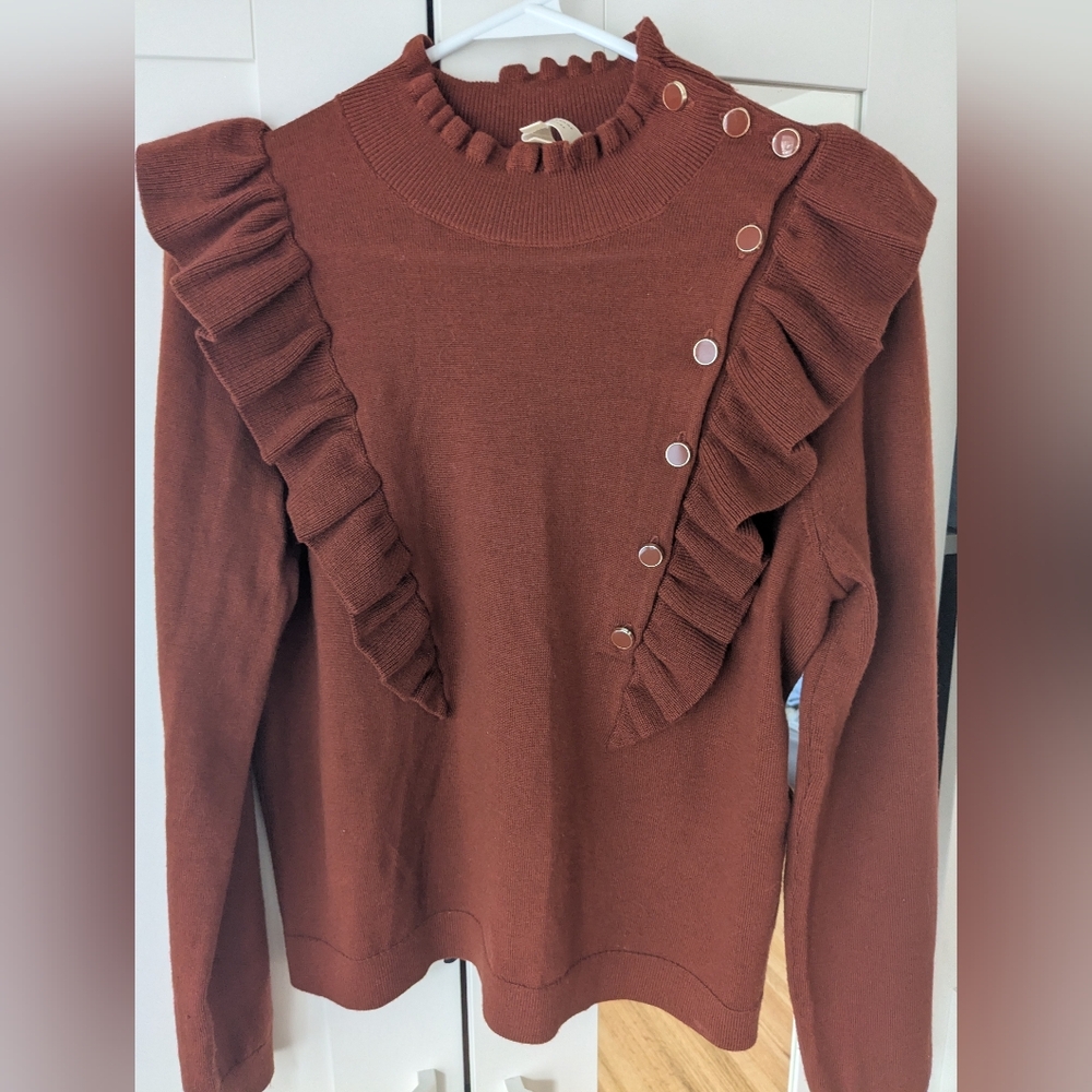 Sezane Rust Ruffle-Trim Knit Sweater - Picture 4 of 6